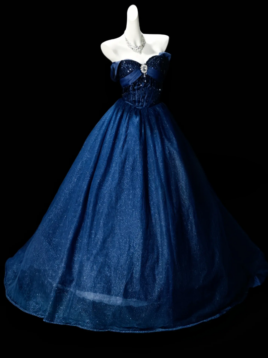 Elegantes marineblaues Ballkleid mit Trägern, A-Linie, Tüll, langes Abendkleid DP06459