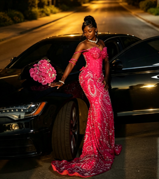 Elegantes heißrosa Ballkleid, trägerlos, Scheide, Tüll, Perlenstickerei, langes Abendkleid DP06469