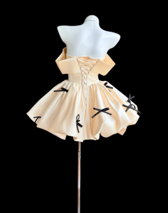 Pretty Champagne Short Homecoming Dress Off-shoulder A-line Birthday Dress Satin Party Dress DP06481