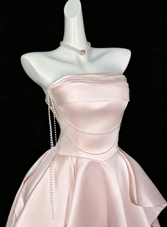 Jolie Robe de Bal Courte Rose, Bustier, Ligne A, Robe d'Anniversaire, Robe de Soirée en Satin DP06491