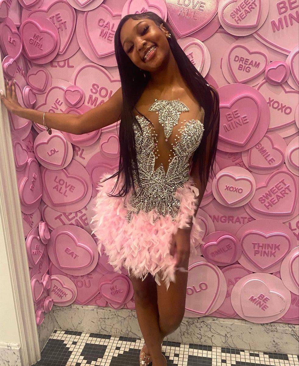 Chic Pink Short Homecoming Dress Sheath Prom Dress Beaded Tulle Birthday Dress DP06497