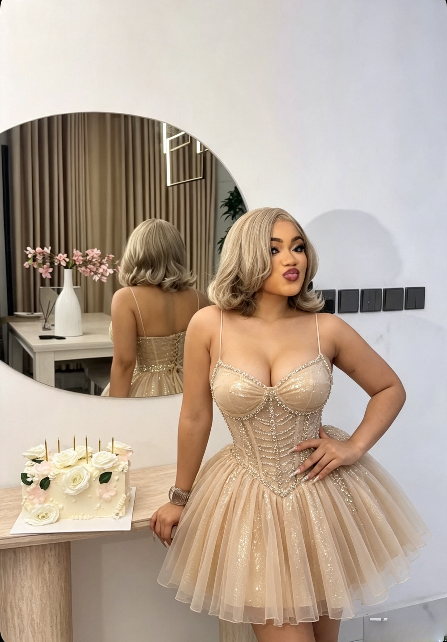 Sexy Champagne Hoco Dress Straps Tulle Birthday Dress A-Line Dress for Party DP06519