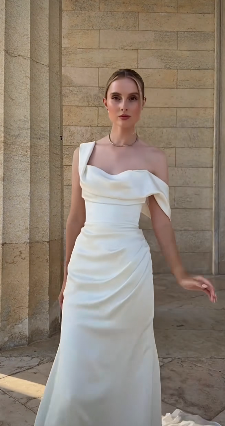 Modest Off-shoulder Sheath Wedding Dress Satin White Bridal Gown DP06548