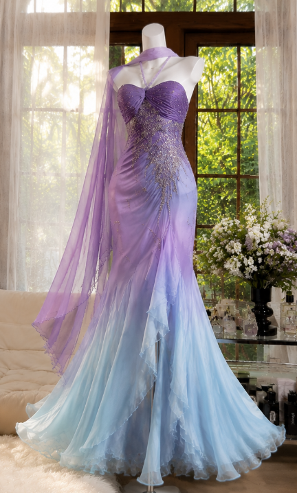 Magnifique Robe de Bal Violette Fourreau Bustier Perlé en Mousseline Longue Robe de Soirée DP06549