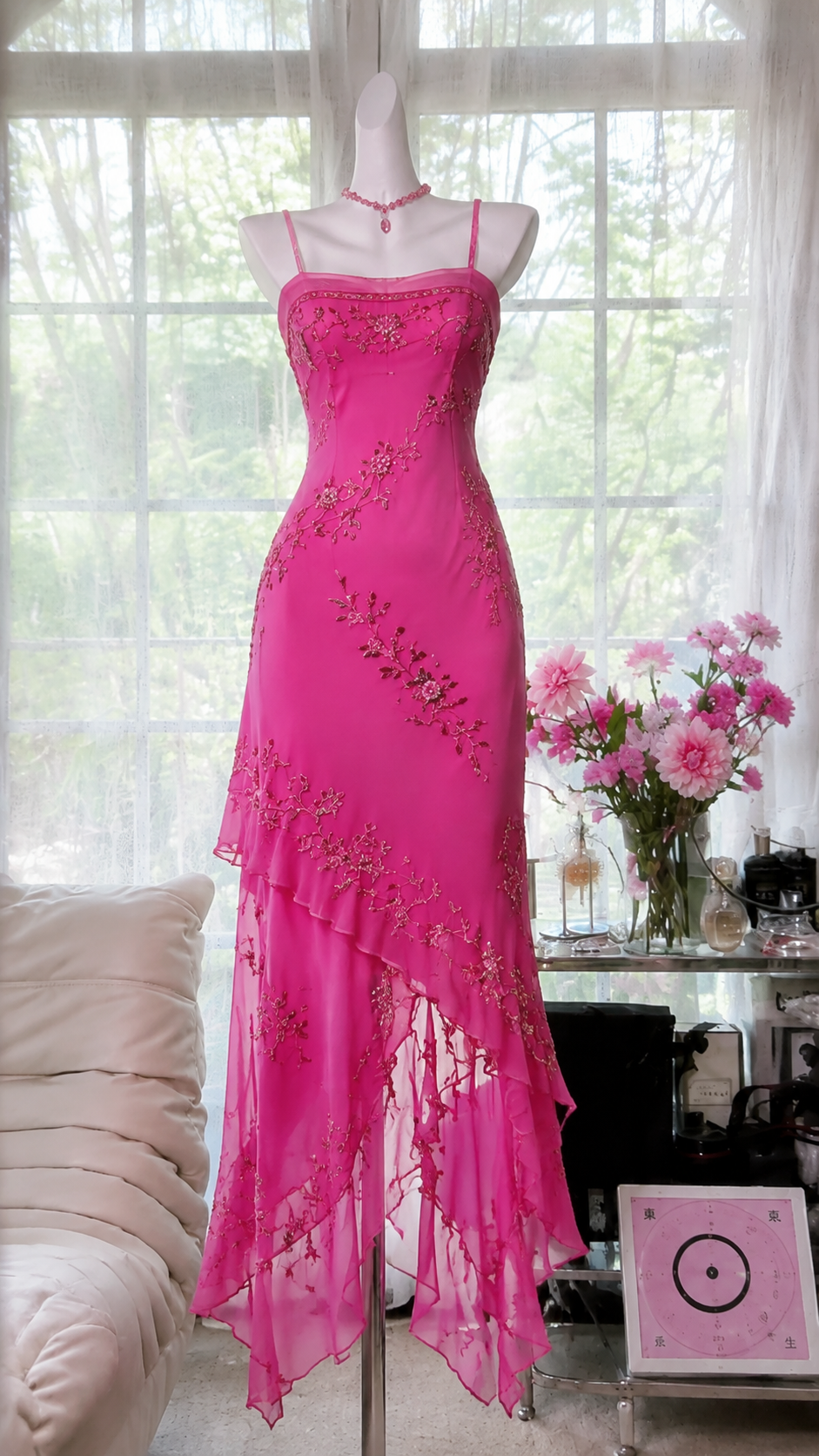 Magnifique robe de bal longue rose vif à bretelles, fourreau en mousseline perlée, robe de soirée DP06557