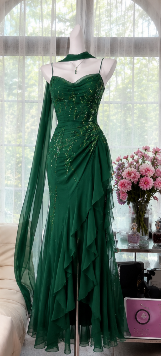 Magnifique robe de bal vert foncé à bretelles fourreau perlé mousseline longue robe de soirée DP06564