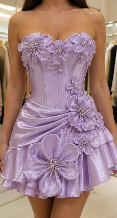 Schickes kurzes, lila Heimkehrkleid mit Sweetheart-Ausschnitt, A-Linien-Satin-Geburtstagskleid DP06609