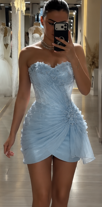Elegantes blaues kurzes Ballkleid aus Tüll, Etuikleid, Kleid zum 16. Geburtstag DP06663