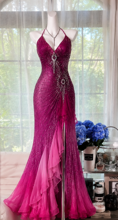 Elegantes fuchsiafarbenes Ballkleid aus Chiffon mit Perlenverzierung, scheidebetont, langes Abendkleid DP06690