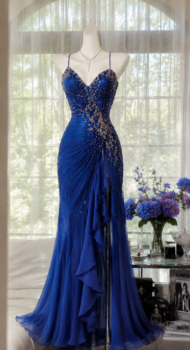 Elegantes blaues Ballkleid Chiffon Perlen Etui Abendkleid DP06691