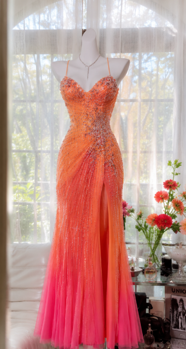 Elegantes orangefarbenes Ballkleid aus Chiffon mit Perlenverzierung, langes Abendkleid DP06694