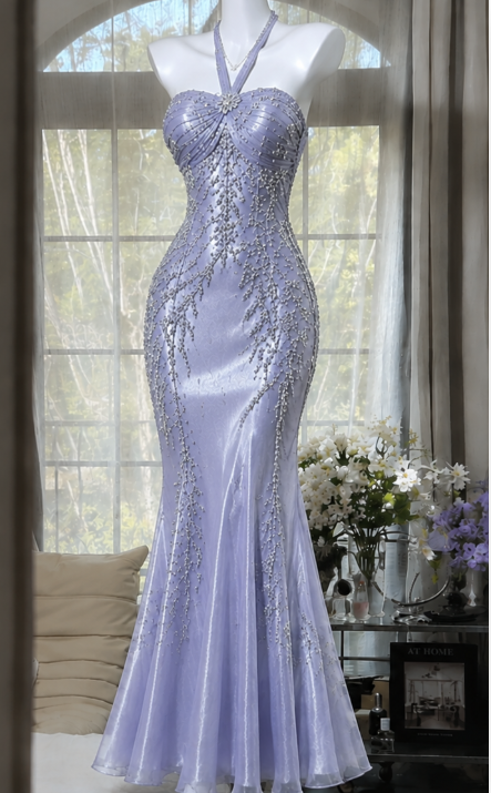 Elegant Light Purple Evening Dress Mermaid Chiffon Beaded Long Prom Dress DP06697