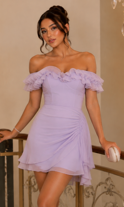 Robe fourreau en mousseline de soie lavande tendance pour fête d'anniversaire DP06712