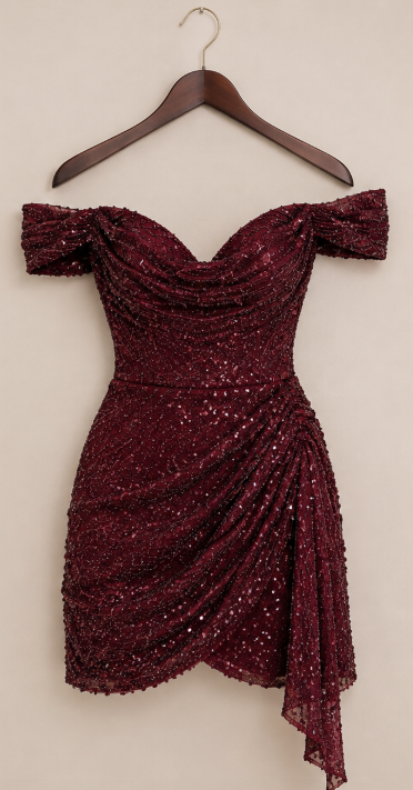 Fashion Burgundy Hoco Dress Sheath Tulle Beaded Birthday Dress DP06717