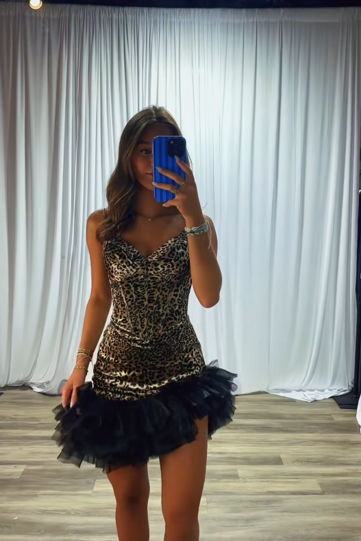 Fashion Leopard Birthday Dress Sheath Satin Homecoming Dress DP06740