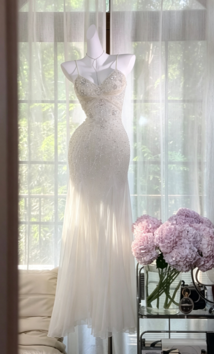 Elegant White Prom Dress Sheath Chiffon Beaded Long Evening Dress DP06818