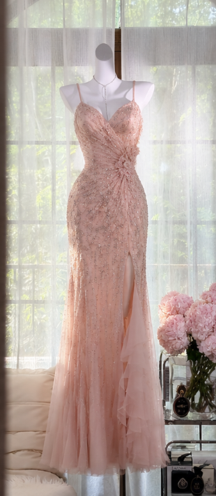Elegant Pink Prom Dress Sheath Chiffon Beaded Long Evening Dress DP06819
