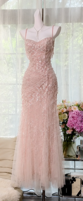 Chic Blush Pink Sheath Chiffon Beaded Long Prom Dress DP06942