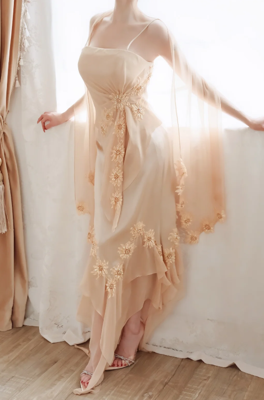 Chic Champagne Sheath Chiffon Long Prom Dress DP06945