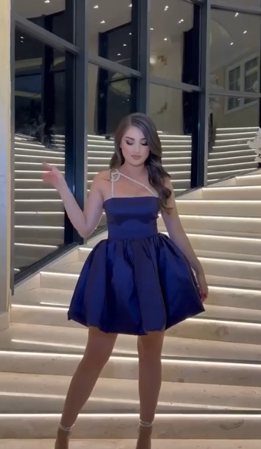 Fashion Navy Blue A-Line Satin Birthday Dress DP06983
