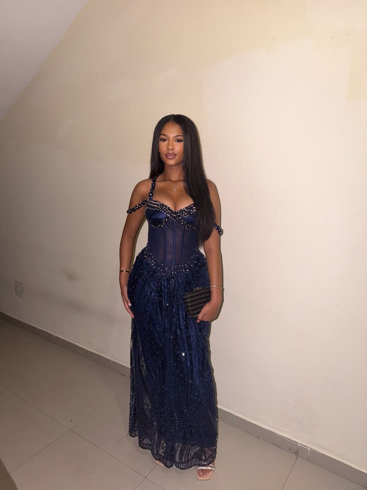 Elegant Navy Blue Long Prom Dress Sheath Tulle Beaded Evening Dress DP07103