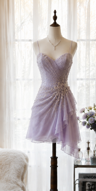 Chic Lilac Short Homecoming Dress Sheath Chiffon Beaded Birthday Dress DP07121
