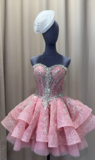Schickes rosafarbenes kurzes Ballkleid A-Linie Tüll-Geburtstagskleid DP07137