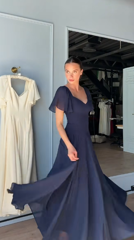 Wunderschönes langes Abendkleid in Marineblau, Etuikleid, Chiffon, Ballkleid DP07200