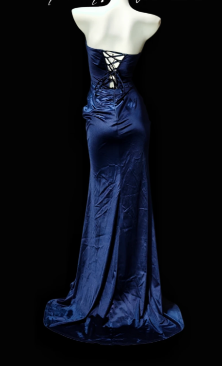 Chic Sheath Satin Long Evening Dress Navy Blue Prom Dress DP07390