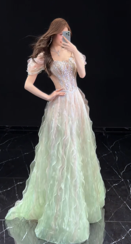 Chic A-Line Tulle Long Evening Dress Green Prom Dress DP07401