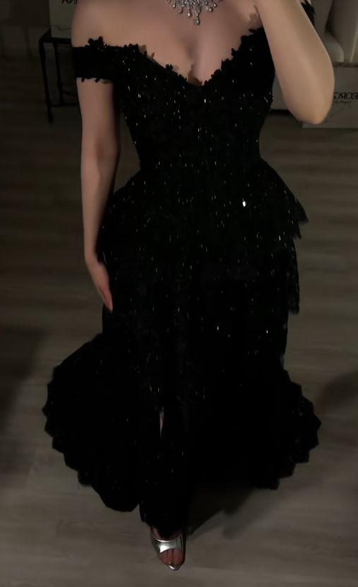 Fairy A-Line Lace Long Prom Dress Black Evening Dress DP07449