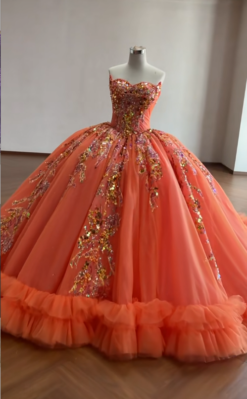 Gorgeous Orange Ball Gown Quinceanera Dress Tulle Applique Sweet 16 Dress DP07457