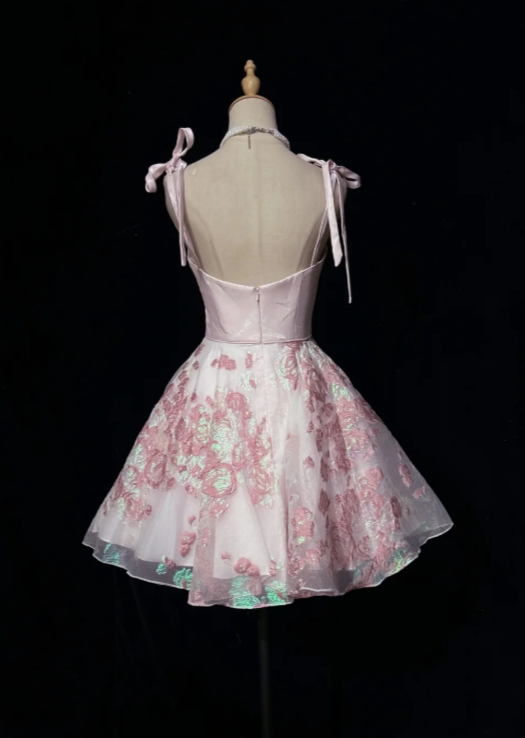Straps Pink Short Homecoming Dress A-Line Satin Birthday Mini Dress DP07476
