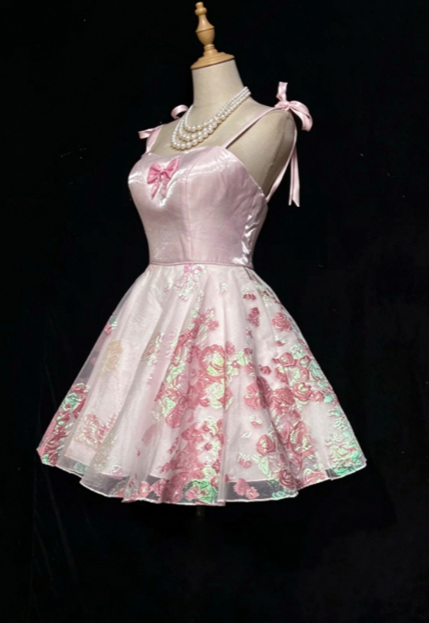 Robe de bal courte rose à bretelles, coupe trapèze en satin, robe de soirée mini DP07476