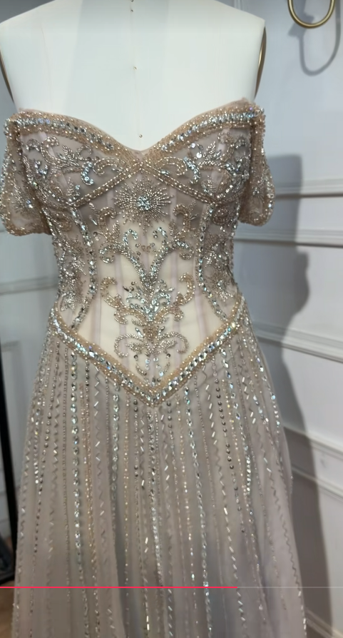 Champagne Tulle Prom Dress A-Line Beaded Long Evening Dress DP07487
