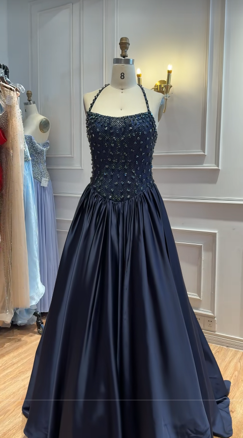 Navy Blue Satin Prom Dress A-Line Long Evening Dress DP07491