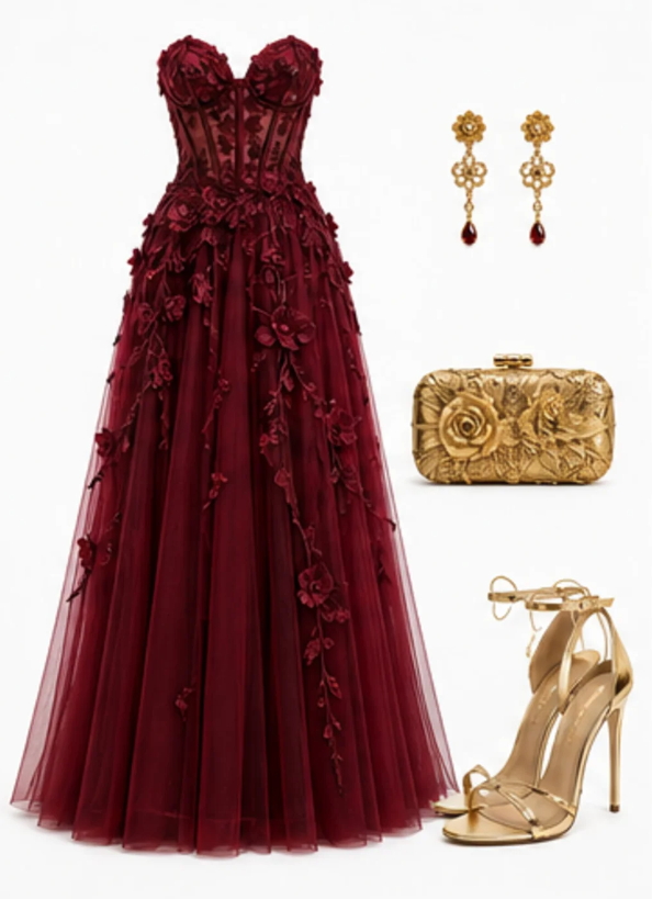 Burgundy Prom Dress A-Line Tulle Long Evening Dress DP07526