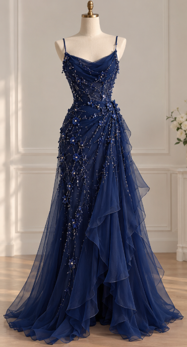 Chic Navy Blue Prom Dress Sheath Tulle Beaded Long Prom Dress DP07565
