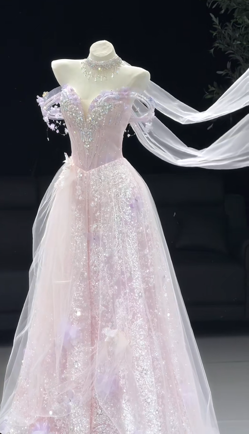 Elegant Light Pink Prom Dress A-Line Tulle Long Evening Dress DP07595