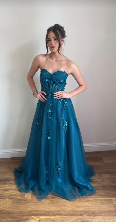 Elegant Peacock Blue Prom Dress A-Line Tulle Long Evening Dress DP07601