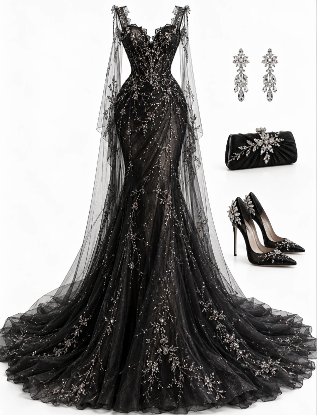 Elegantes schwarzes Ballkleid Meerjungfrau Tüll langes Abendkleid DP07612