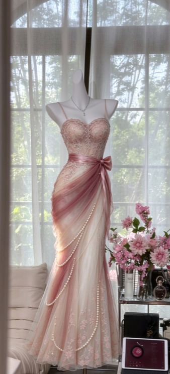 Robe de bal chic rose fourreau en tulle longue robe de soirée DP07632