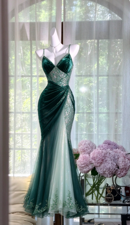 Chic Green Prom Dress Sheath Tulle Long Evening Dress DP07635