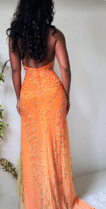 Chic Orange Beaded Prom Dress Sheath Chiffon Long Evening Dress DP07640