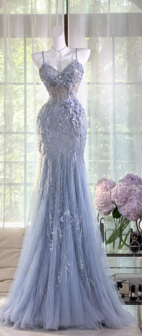 Schickes blaues Perlen-Abschlussballkleid Etuikleid Tüll langes Abendkleid DP07669