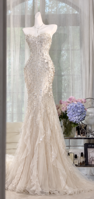 Robe de bal fourreau chic en tulle blanc perlée, longue robe de soirée DP07670