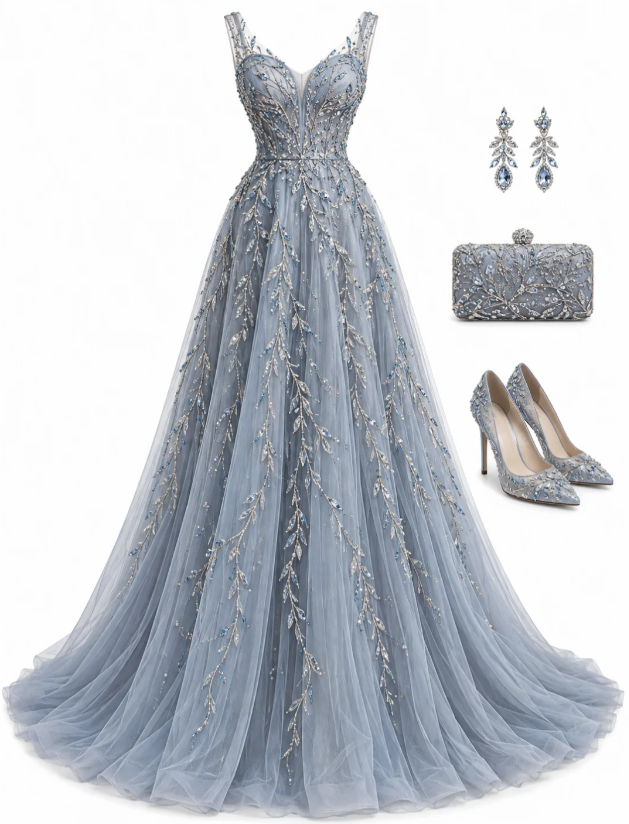 Chic Blue Prom Dress A-Line Tulle Long Evening Dress DP07682