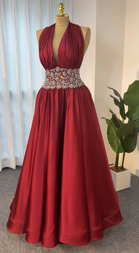 Robe de bal chic bordeaux, robe de soirée longue en satin coupe trapèze DP07694