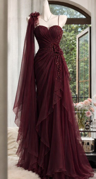 Schickes burgunderrotes Abschlussballkleid Etui-Chiffon langes Abendkleid DP07697