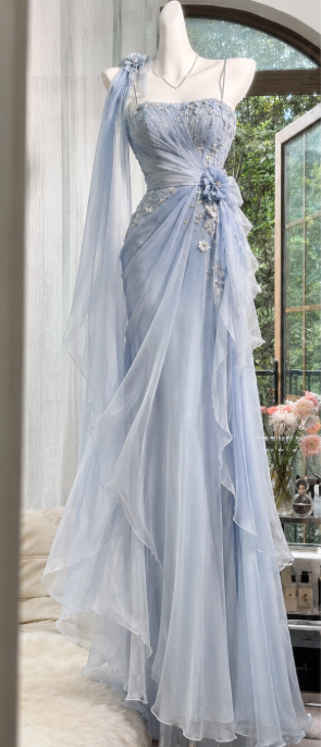 Robe de bal chic bleue, robe de soirée longue en mousseline coupe fourreau DP07698